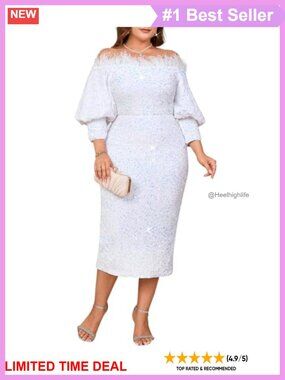Sexy Sequin Off Shoulder Puff Sleeve Bodycon Midi Dress Formal Party Cocktail